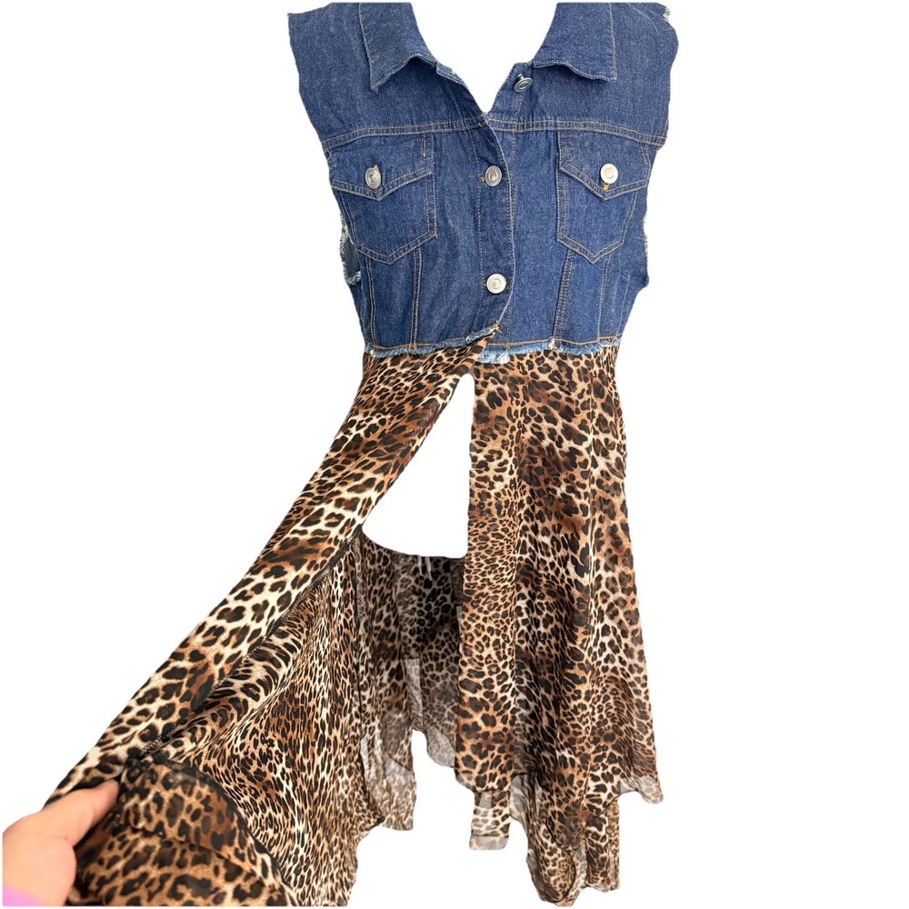 BoHo Western Cheetah Handkerchief Maxi dress Jean Denim Frayed Size Small Medium